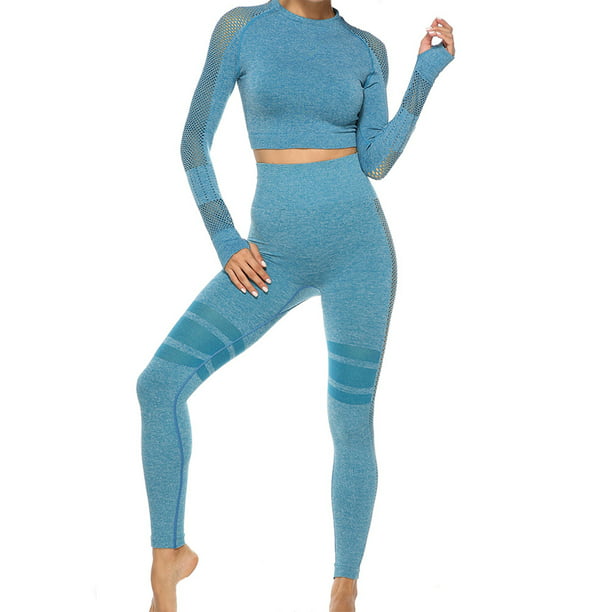 Womens 2 Piece Workout Set Long Sleeve Tracksuit Fitting Hip Lifting Long Sleeves Crop Top with Seamless Shaping Pants 